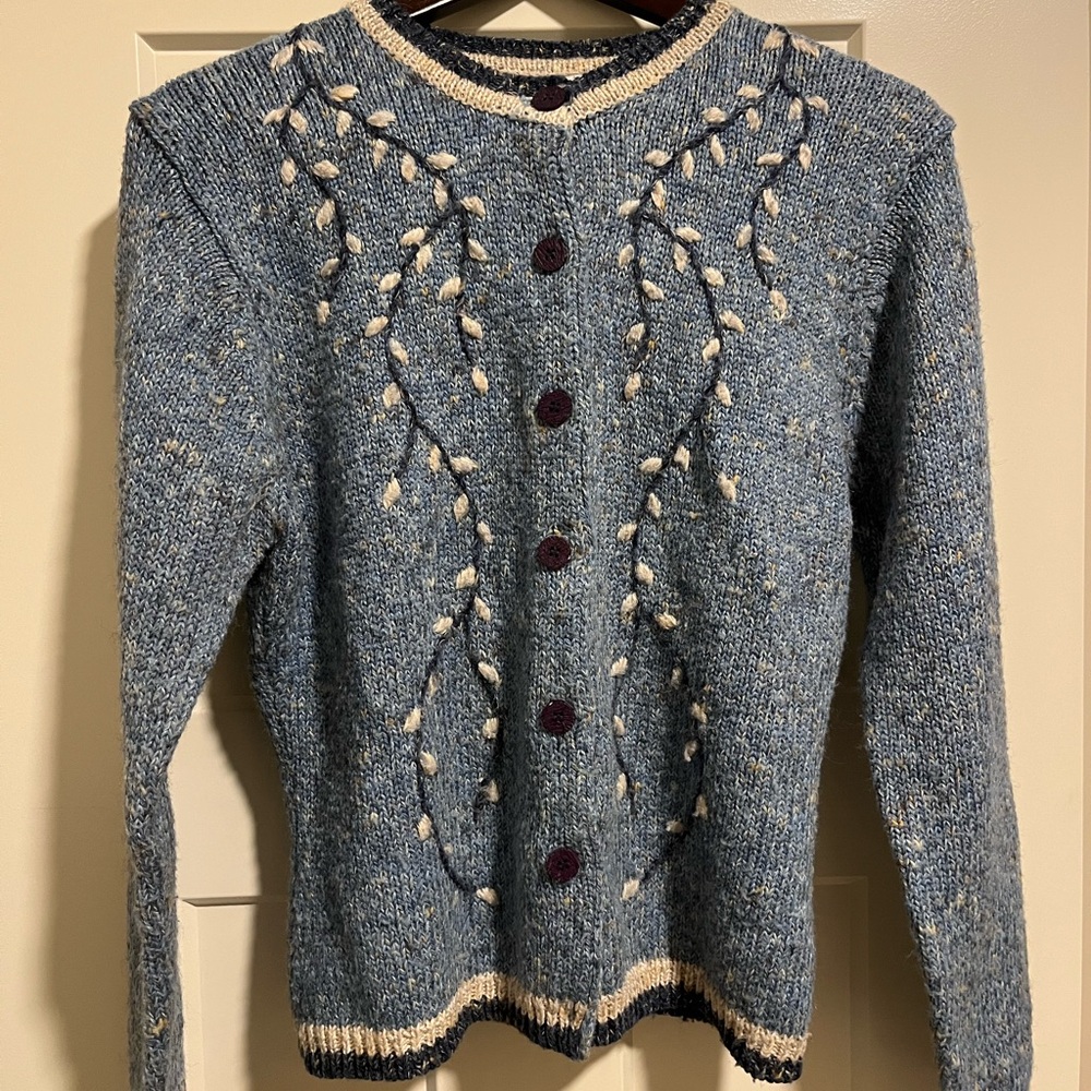 Vintage Blue Cardigan with Leaf Design